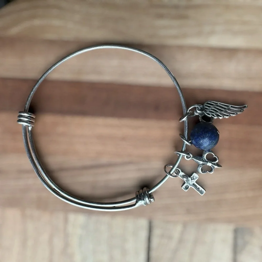 VTG Bangle Bracelet 7 Inch Adjust Cross Wing‎ FDL Lapis Bead 925 Sterling 10.7g
